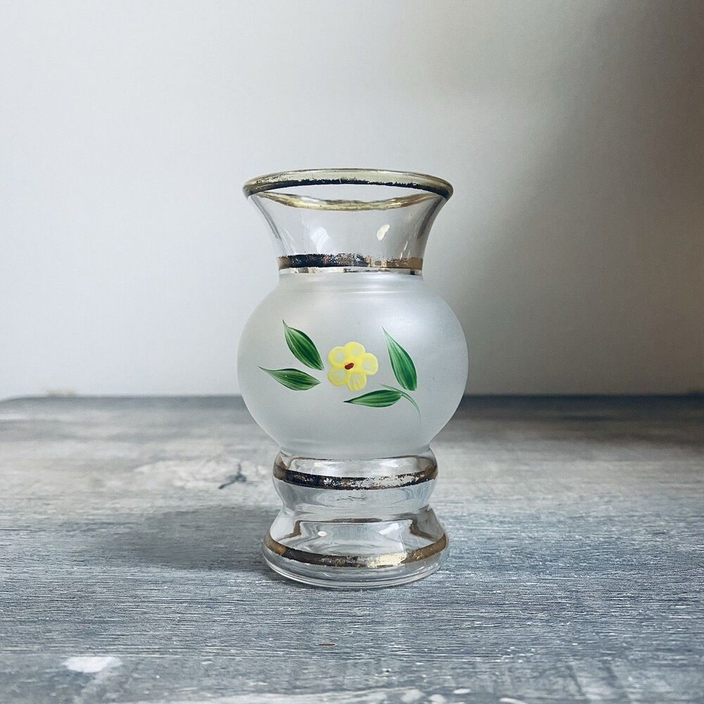 Vintage 1950's Frosted Bud Vase w Handpainted Yellow Flower
